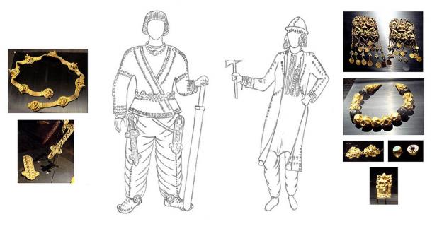 Saka artifacts found in the tombs of Tillya Tepe and a diagram of their use on the man and woman found in these tombs (PHGCOM / CC BY-SA 3.0)