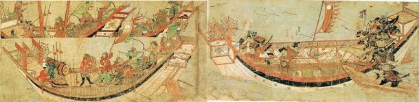 Japanese samurai boarding Mongol Yuan dynasty ships in 1281. (Public Domain)