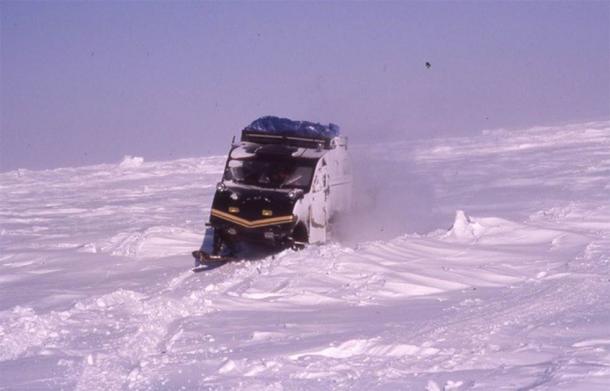 Travelling in Bombardier snowmobiles from Rankin Inlet, Nunavut to Churchill Manitoba. (Image courtesy Andy Turnbull)