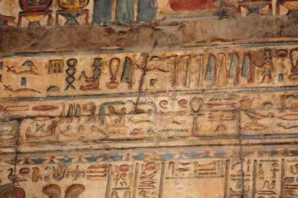 A cleaned wall in the Esna Temple restoration project. (Esna Project)