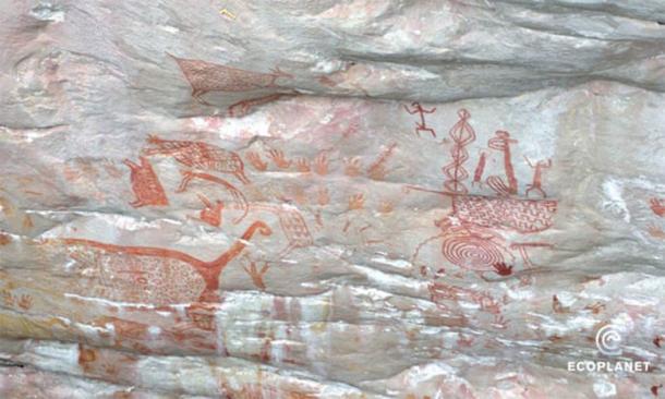 这种冰河时代的哥伦比亚艺术于 2015 年在偏远的奇里比克特国家公园被发现，与 2019 年的悬崖边发现非常相似。 （Francisco Forero Bonell/ Fundacion Ecoplanet）