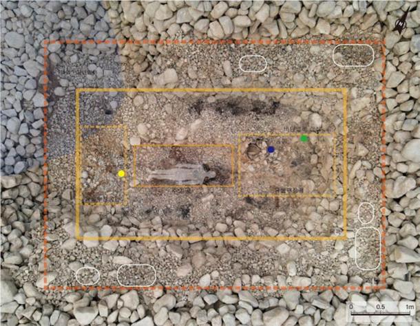 El sitio de la tumba no. 44 que excavaron los arqueólogos de Jjoksaem en Gyeongju, Corea del Sur. Se descubrieron piedras de go cerca del fondo de la tumba y adornos de escarabajos de joyería cerca de la parte superior. (Instituto Nacional de Investigación del Patrimonio Cultural de Gyeongju)