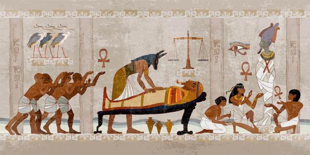El antiguo proceso de momificación, una interpretación mitológica de Anubis y otros trabajando en la momia de un faraón, y cómo ciertos bálsamos oscurecieron la piel egipcia de la momia. (Matrioska / Adobe Stock)