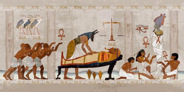 The ancient mummification process, a mythological interpretation of Anubis and others working on a pharaoh mummy, and how certain balms darkened the Egyptian skin of the mummy. (Matrioshka / Adobe Stock)