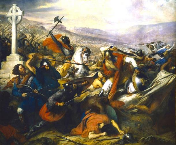 A triumphant Charles Martel (mounted) faces Abdul Rahman Al Ghafiqi (right) at the Battle of Tours. Source: Bender235 / Public Domain.