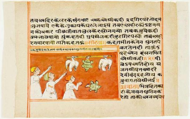 18th century Panchatantra manuscript page, the talkative turtle (Public Domain)