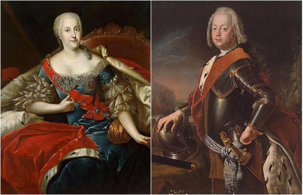 Princess Johanna Elisabeth of Holstein-Gottorp (left) and Prince Christian August of Anhalt-Zerbst (Left, Public Domain, Right, Public Domain)