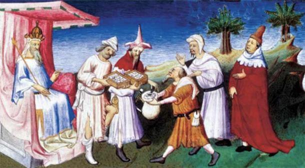 Kublai Khan gives financial support to the Polo family, and accepts gifts of the Venetians by Master of Busico (1412). (Public Domain) 
