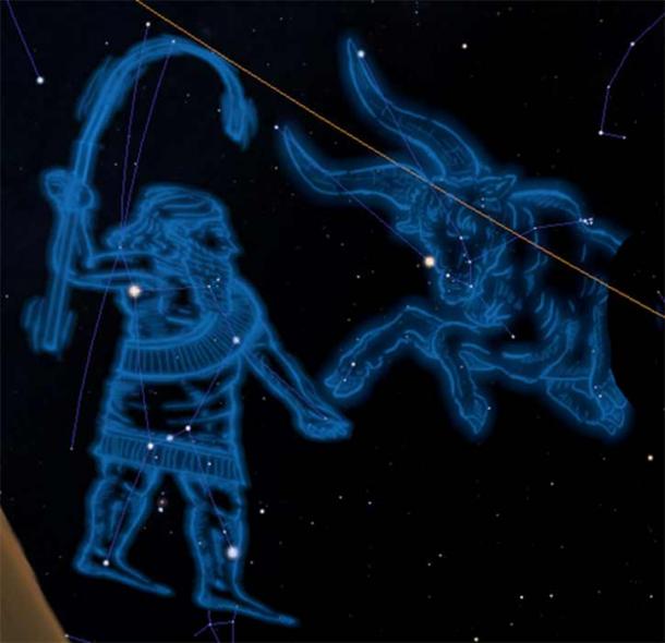 En el prezodíaco mesopotámico se había incluido a Orión. Su herramienta de pastor toca la eclíptica; Tauro podría haber estado completo antes de su pelea con Gilgamesh (Orión); Dibujos de constelaciones "Verdadero Pastor de Anu" (Orión) y el Taurus of Heaven completo (Taurus) de R. Perdok (LWL Planetarium Münster). (Pequeño astrónomo / CC BY-SA 4.0)