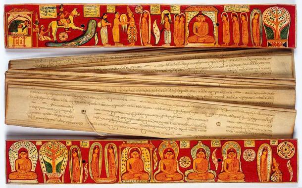 Illustrated Sinhalese covers (inside), and palm leaf pages, showing the events between the Bodhisattva's renunciation and the request by Brahma Sahampati that he teach the doctrine after he becomes a Buddha (Wellcome Images / CC BY-SA 4.0)