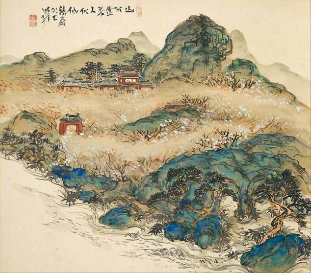 Monte Penglai (Montaña de los Inmortales) de Tomioka Tessai (1924) (Dominio público)