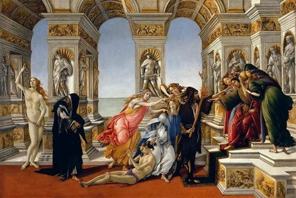 Greek artist Apelles’ ‘On Calumny ‘by Sandro Bocelli (1496) depicting Slander, Ignorance, Suspicion, Fraud and Conspiracy as women. (Public Domain)