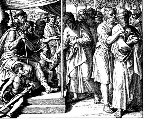Casting lots for tribal inheritance, woodcut for ‘Die Bibel in Bildern’, by Julius Schnorr von Carolsfeld (1860) (Public Domain)