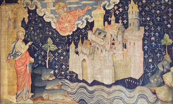 Juan de Patmos observa el descenso de la Nueva Jerusalén desde Dios en un tapiz del siglo XIV (Octava 444 /CC BY-SA 4.0)
