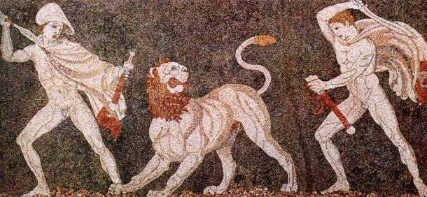 Mosaico Alejandro Magno y Crátera en una cacería de leones (finales del siglo IV a. C.) Museo Arqueológico de Pella (dominio público)