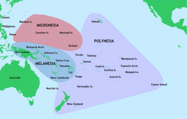 The islands in the Pacific Ocean divided into three major groups. Pohnpei is in Micronesia. (Public Domain)