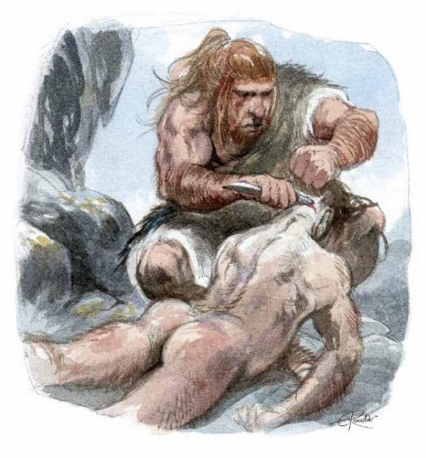 Canibalismo prehistórico por © Emmanuel Roudier (2008) Museo Nacional de Prehistoria, Les Eyzies. (Cortesía concedida al Dr. N. Bockoven)