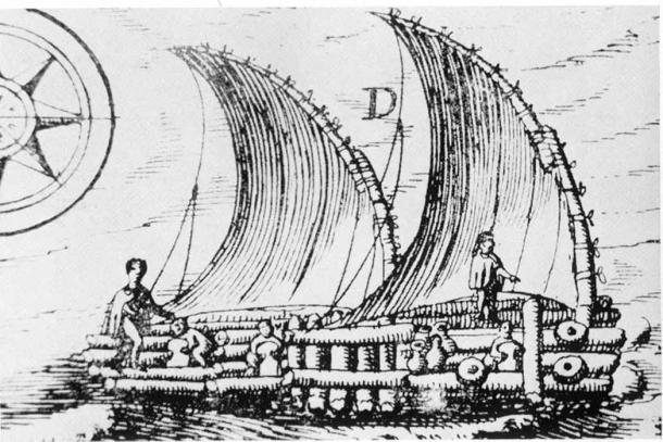 Un dibujo de una balsa (balsa) cerca de Guayaquil, Ecuador en 1748. El dibujo se asemeja a la descripción dada por los exploradores españoles del siglo XVI de las balsas utilizadas por los indios. (Dominio publico)