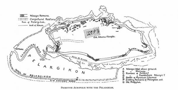 Primitive Acropolis with the Pelargikon (Pelasgic Wall) and the Old Temple of Athena (Public Domain)