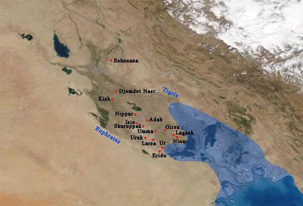 Southern Sumerian city states, with the coast of the Persian Gulf reaching Ur (circa third – second millennium BC) (Public Domain)