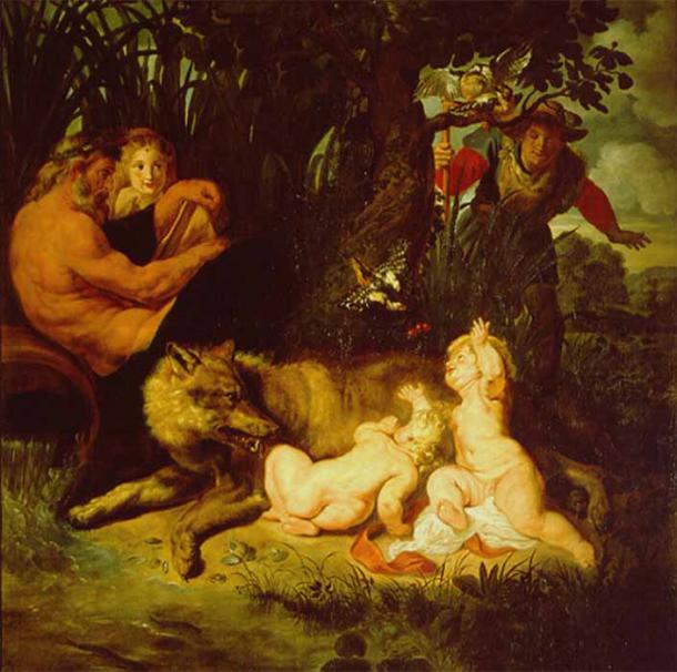 Romulus and Remus being cared for by a wolf, the god of the Tiber river sitting on his urn, a woodpecker that brought them food, and a shepherd discovering the infants, by Peter Paul Rubens (1615) Pinacoteca Capitolina in Rome (Public Domain)