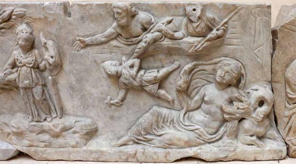 Ancient Roman reliefs of Hera casting Hephaestus from Olympus and Thetis reclining. Museo Ostiense Ostia Antica (Public Domain)