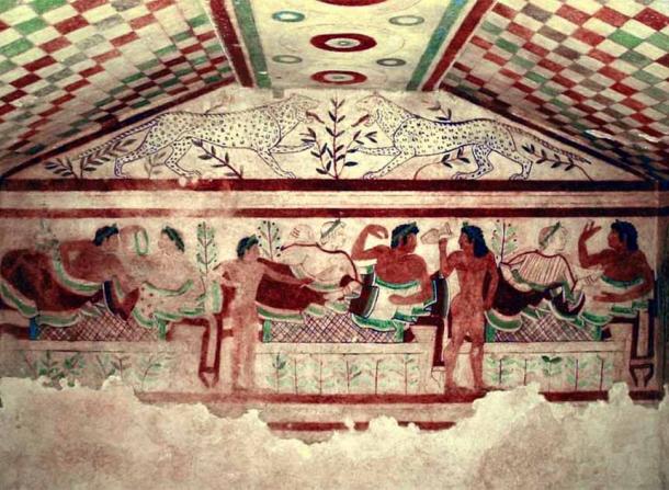 Wall painting in a burial chamber called Tomb of the Leopards at the Etruscan necropolis of Tarquinia in Lazio, Italy. (Public Domain)