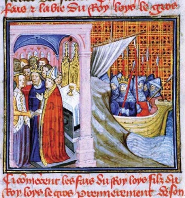 14th-century representation of the wedding of Louis and Eleanor on the left, and Louis leaving for the crusade on the right. ( Public domain)