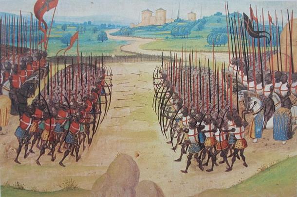 The Battle of Agincourt was one of many battles which took place between the French and the English during the course of the Hundred Years’ War. Image from the Chronicles of Enguerrand de Monstrelet, a French 15th century chronicler. (Public Domain)