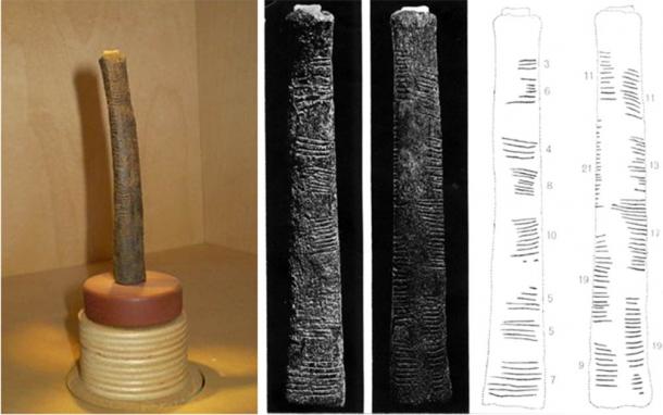 Left; Ishango bone on display at Royal Belgian Institute of Natural Sciences. Right; De Heinzelin’s detailed drawing of the Ishango bone. Researchers have presented various hypotheses to explain its use. (Left; CC BY-SA 3.0. Right; Dirk Huylebrouck/Reseachgate )
