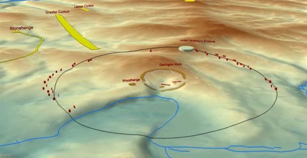 Animation illustrating the landscape setting of the Durrington pit group, major monuments and the average distance from Durrington Walls to identified features as a line. (© Crown copyright and database rights 2013 (OS Profile DTM Scale 1:10000); EDINA Digimap Ordnance Survey Service (100025252)  http://digimap.edina.ac.uk /© LBI ArchPro)