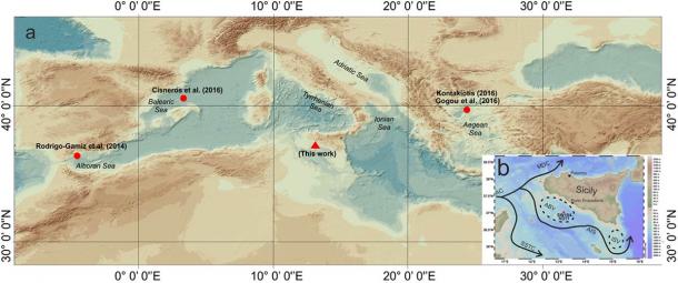 The research team retrieved planktonic organisms from the sea floor off the coast of Sicily. The map shows the location of the sample (red triangle) and the location of marine records used for comparison (red circles). (Margaritelli, G. et. al. / Scientific Reports)