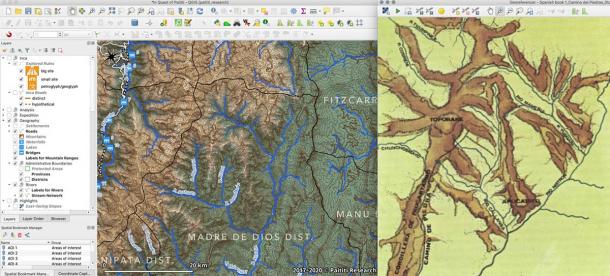 Creation of river network map in a target region using a digital elevation model (left) and georeferencing from old maps (right). (Paititi Research Team)