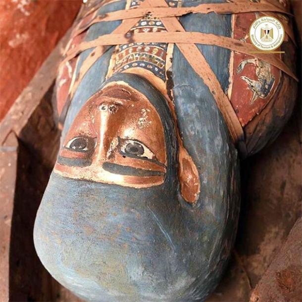 A closeup of one of the colorful ancient Egyptian coffins recently found in one of three new shaft discovered at the Saqqara necropolis. Note the binding around the chest section of the coffin, which means this sarcophagus hasn’t been opened since it was put in the ground over 2,000 years ago! (Egyptian Ministry of Tourism and Antiquities)
