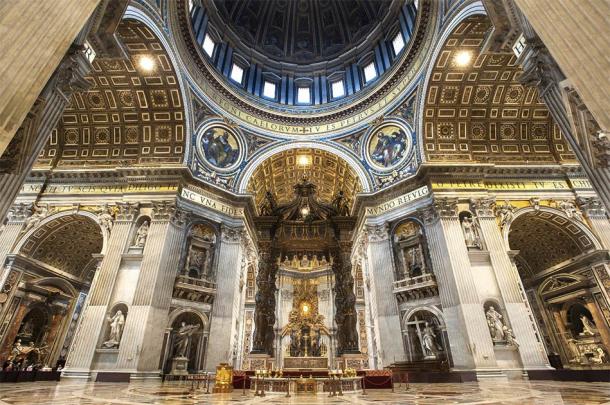 St. Peter's Baldachin in the nave of St. Peter's Basilica. The Baldachin is a large Baroque sculpted canopy, by Bernini, positioned over the high altar. (Stripped Pixel / Adobe Stock)