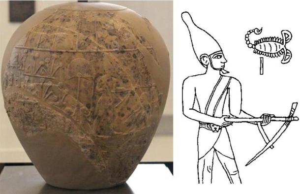 Left: The Scorpion Macehead, Ashmolean Museum (CC0). Right: Drawing possibly depicting the Scorpion King on the macehead. (CC BY SA 3.0 de)