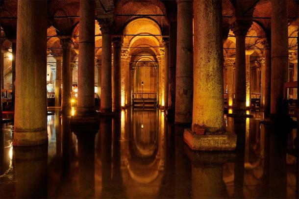 The underground Basilica Cistern built by Emperor Justinian, which lies about 150 meters (490 meters) from Hagia Sophia and is usually 