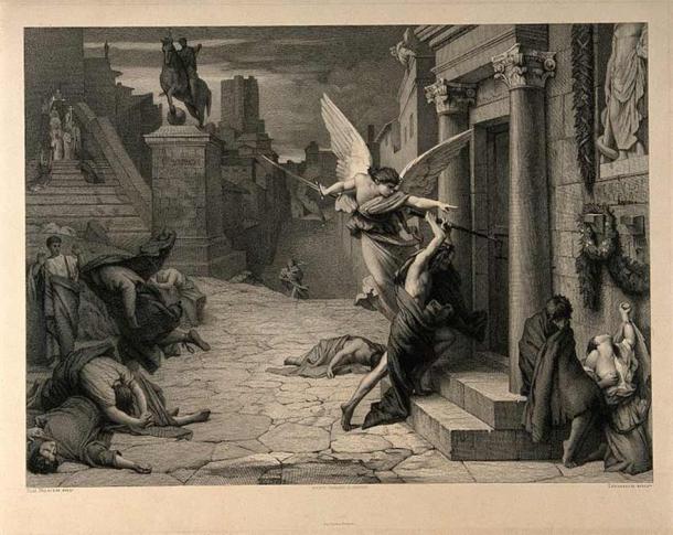 The angel of death striking a door during the plague of Rome by Levasseur after J. Delaunay. (Wellcome Images / CC BY-SA 4.0)