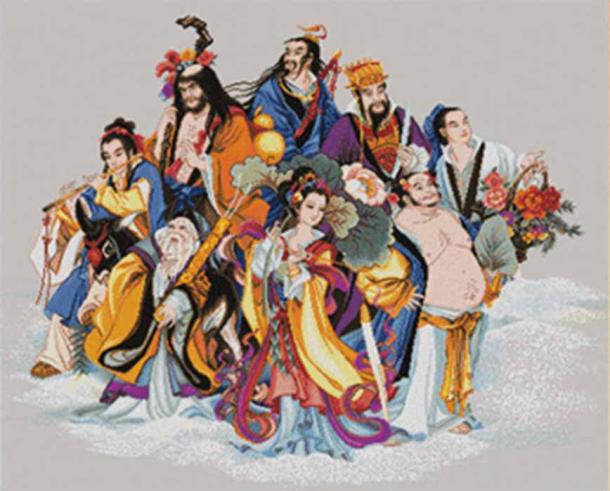 Los ocho inmortales: Lu Dong Bin, Li Die Guai, Zhang Guo Lau, Cao Guo Jin, Han Xian Zi, Zhong Li Quan, Lan Cai He y He Xian Gu. (Dominio publico)