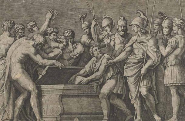 Alejandro Magno ordena colocar la obra de Homero en la tumba de Aquiles por Marcantonio Raimondi (c. 1500-1534) Museo Metropolitano de Arte (dominio público)