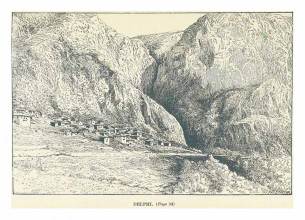 Site of Delphi. Vulva of the Earth, Gaia, with the two Phaedriades above, resembling her breasts. In this drawing the village of Castro still occupies the site (Public Domain)