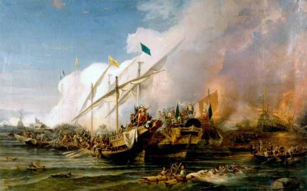 Barbarossa Hayreddin Pasha derrota a la Santa Liga de Carlos V bajo el mando de Andrea Doria en la Batalla de Preveza (1538) (Dominio público)