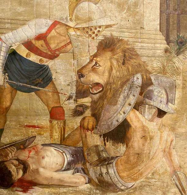 A Murmillo gladiator fights a big maned Barbary lion in the Colosseum in Rome during a condemnation of beasts (Public Domain)