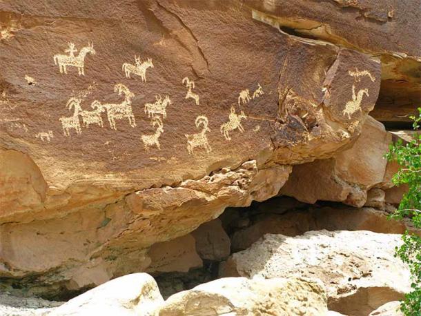 Ute tribal rock art taken at Arches National Park, UTAH. Picture shows stylized horse and rider surrounded by bighorn sheep and dog-like animals. This was carved between 1650 & 1850 (Sanjay Acharya / CC BY-SA 3.0)