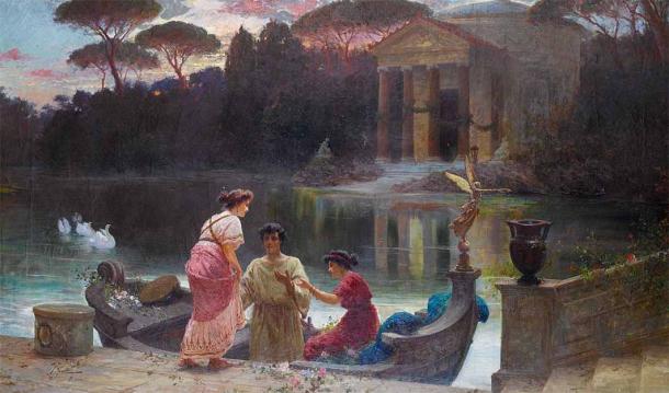 An evening at the temple, by Ettore Forti (19th century) (Public Domain)