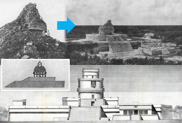 Four perspectives of the Caracol, clockwise from top left: El Caracol at Chichén Itzá before excavation and restoration, by Gomez Rul; in Morley, 1925; 2) Caracol Repair Completed At End Of 1930 Season; View from the Red House. Stairway of lower platform is centrally located on west side; 3) Recreation of El Caracol at Chichén Itzá by artist J.S. Bolles (Ruppert, Karl, The Caracol at Chichen Izta (sic) Yucatan, Mexico, Carnegie Institution of Washington, 1935); Insert: An incorrect drawing of the Caracol by Augustus Le Plongeon from 1875. (Image: Author provided)