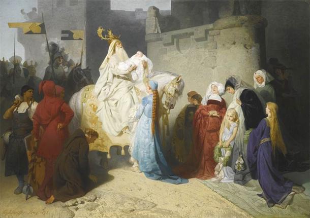 Merlin presenting the future king Arthur by Emil Johann Lauffer (pre 1909) (Public Domain)