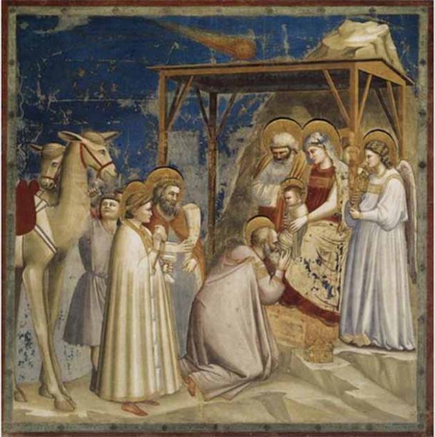 Giotto’s famous fresco titled: Adorazione dei Magi, 1304 -1306. Series: Scenes from the Life of Christ. Scrovegni (Arena) Chapel, Padua, Italy. (Public Domain)