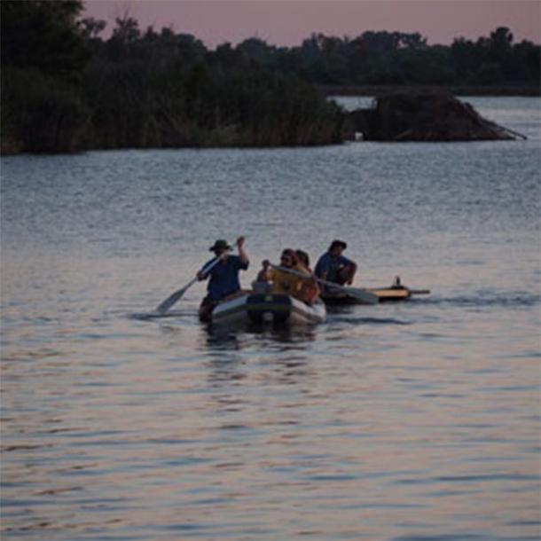 A.J. White and colleagues paddle out onto Horseshoe Lake in search of evidence of ancient Cahokia tribe. (A.J. White)
