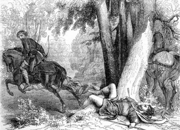 Legend has it that William Rufus was killed by Sir Walter Tyrrell while out hunting in the New Forest. Whether it was an accident or an assassination, we’ll never know. (John Cassell / Public Domain)